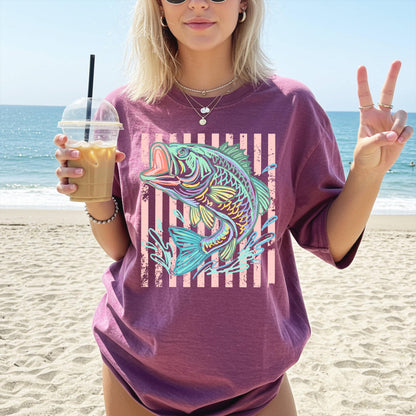 Retro Bass Fish Comfort Colors T-Shirt, Pastel Fishing Tee, Preppy Coastal Lake Shirt