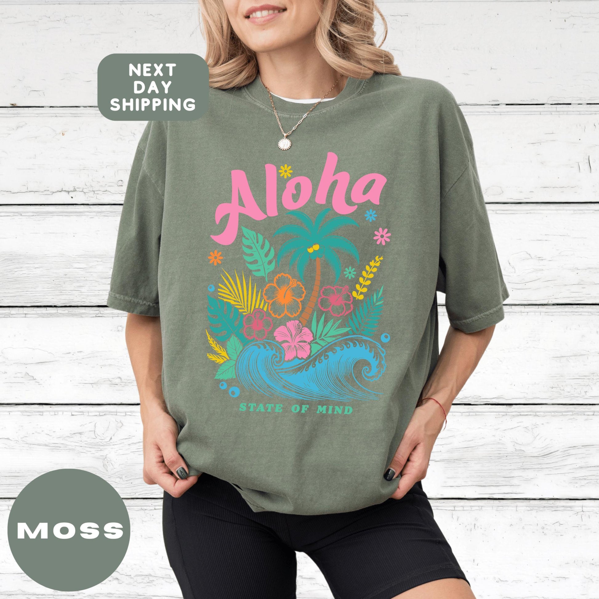 Comfort Colors® Aloha Shirt Retro Hawaii Graphic Tee Island Vibes Hula Girl T-Shirt Summer Beach Vacation Top State of Mind