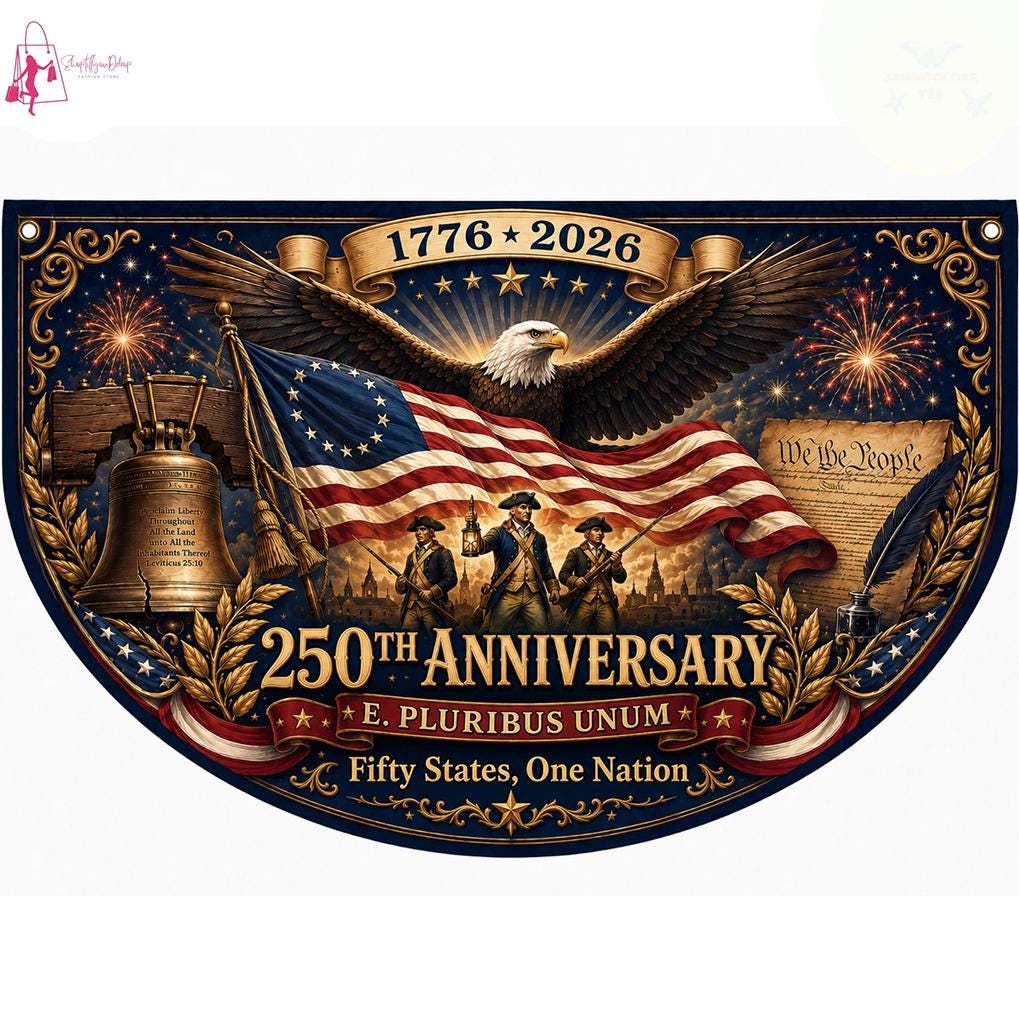 USA 250th Anniversary Semi Circular Flag, Eagle Liberty Bell We The People 1776-2026 Patriotic Bunting, 4th of July Decor