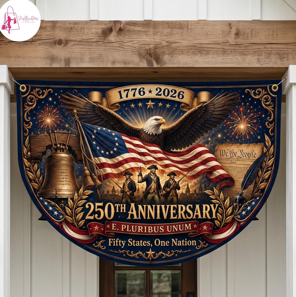 USA 250th Anniversary Semi Circular Flag, Eagle Liberty Bell We The People 1776-2026 Patriotic Bunting, 4th of July Decor