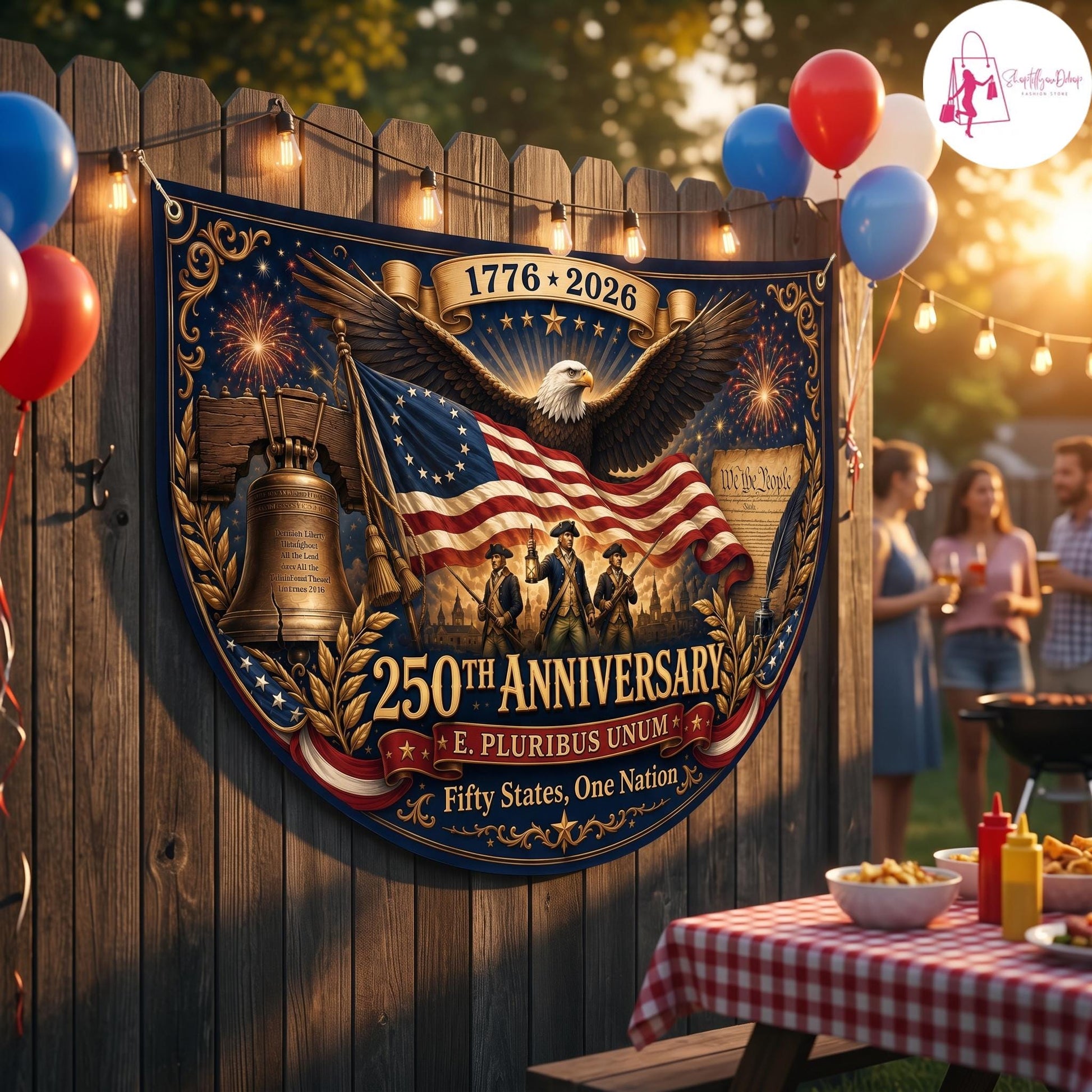 USA 250th Anniversary Semi Circular Flag, Eagle Liberty Bell We The People 1776-2026 Patriotic Bunting, 4th of July Decor
