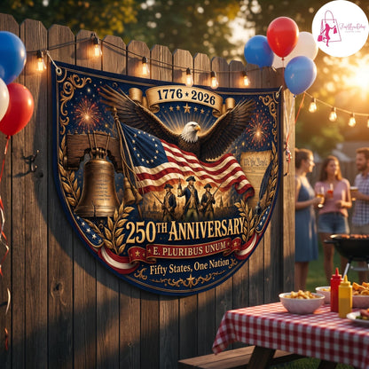 USA 250th Anniversary Semi Circular Flag, Eagle Liberty Bell We The People 1776-2026 Patriotic Bunting, 4th of July Decor