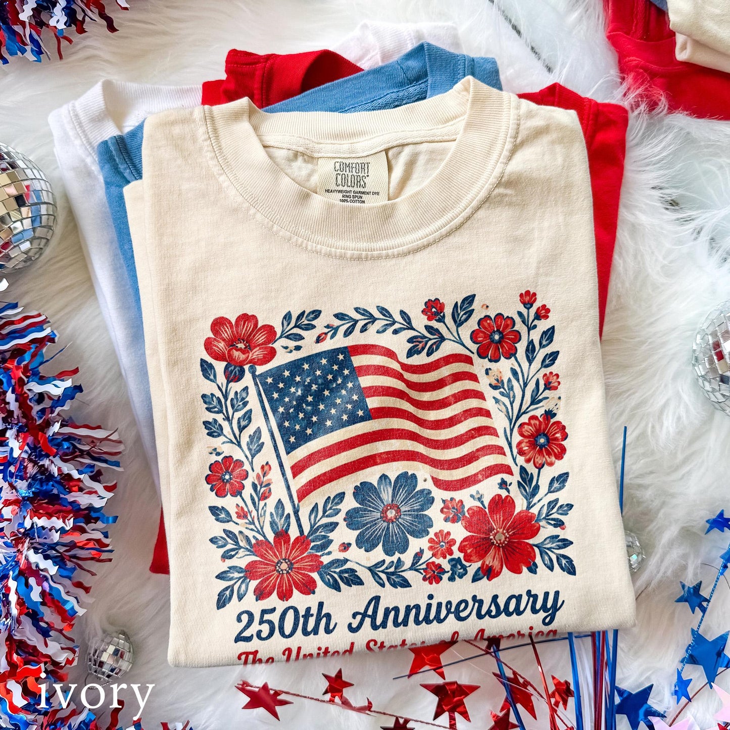 4th July 250th Year Floral USA Flag Shirt, America Anniversary Patriotic Flower Tee, Freedom Top, Comfort Colors® USA Gift Tee