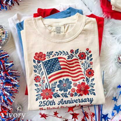 4th July 250th Year Floral USA Flag Shirt, America Anniversary Patriotic Flower Tee, Freedom Top, Comfort Colors® USA Gift Tee