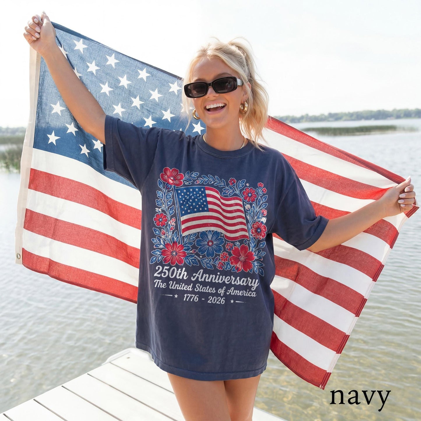 4th July 250th Year Floral USA Flag Shirt, America Anniversary Patriotic Flower Tee, Freedom Top, Comfort Colors® USA Gift Tee