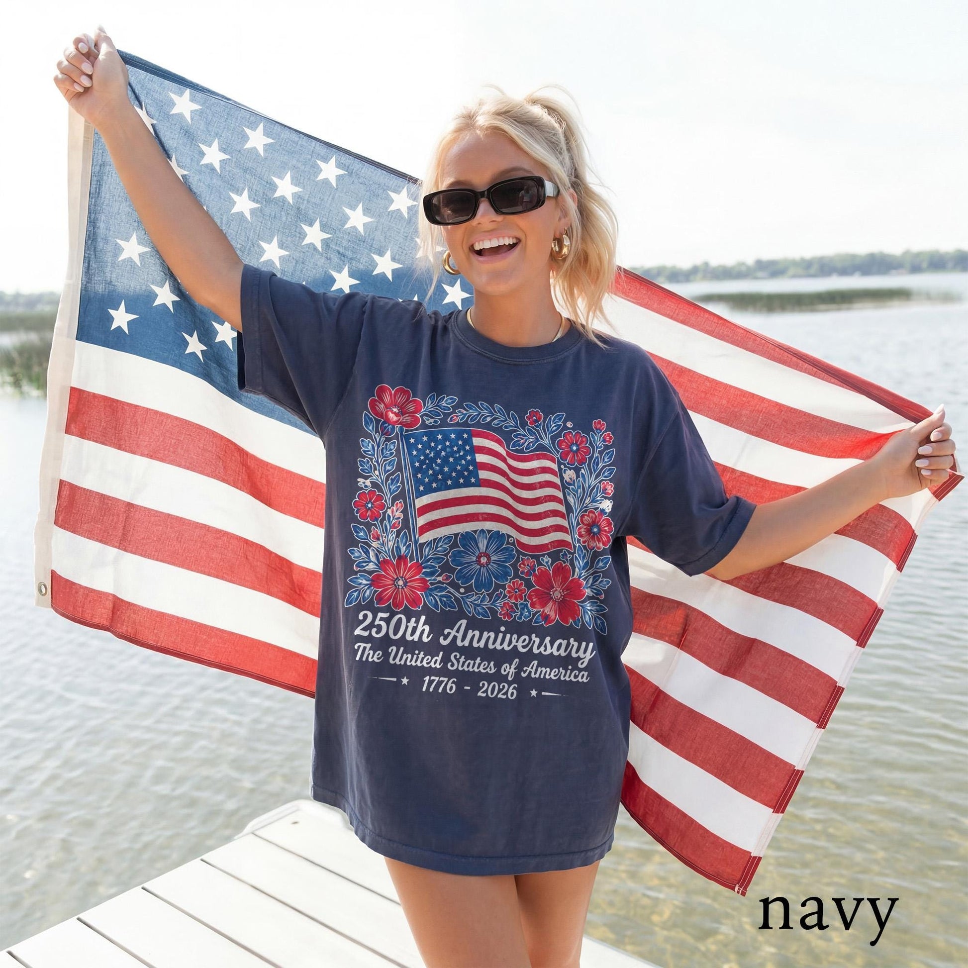 4th July 250th Year Floral USA Flag Shirt, America Anniversary Patriotic Flower Tee, Freedom Top, Comfort Colors® USA Gift Tee