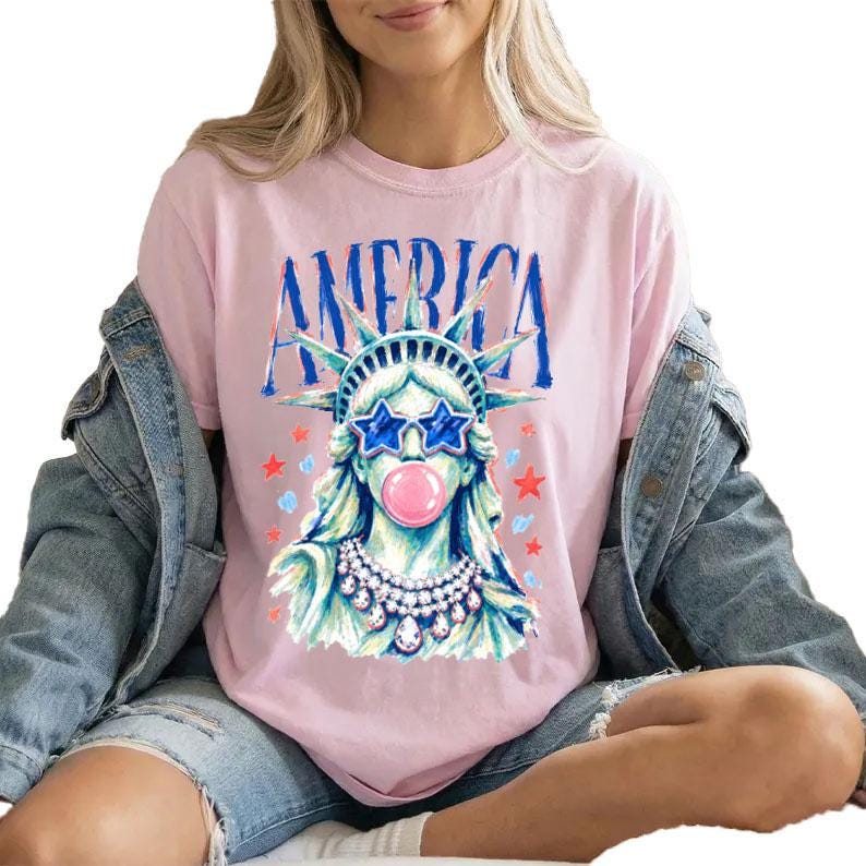 America Statue of Liberty Shirt, Patriotic Bubble Gum Tee, 4th of July USA Shirt, Cute Liberty Graphic Tee, Summer America Tee