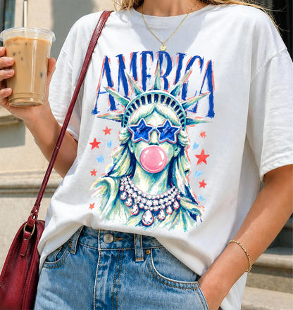 America Statue of Liberty Shirt, Patriotic Bubble Gum Tee, 4th of July USA Shirt, Cute Liberty Graphic Tee, Summer America Tee