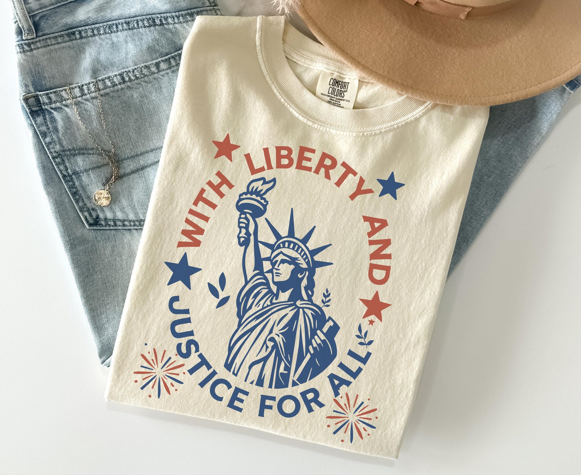 Comfort Colors Statue Of Liberty Shirt Patriotic USA 250 Anniversary Shirt Fourth Of July With Liberty and Justice For All Shirt for Women