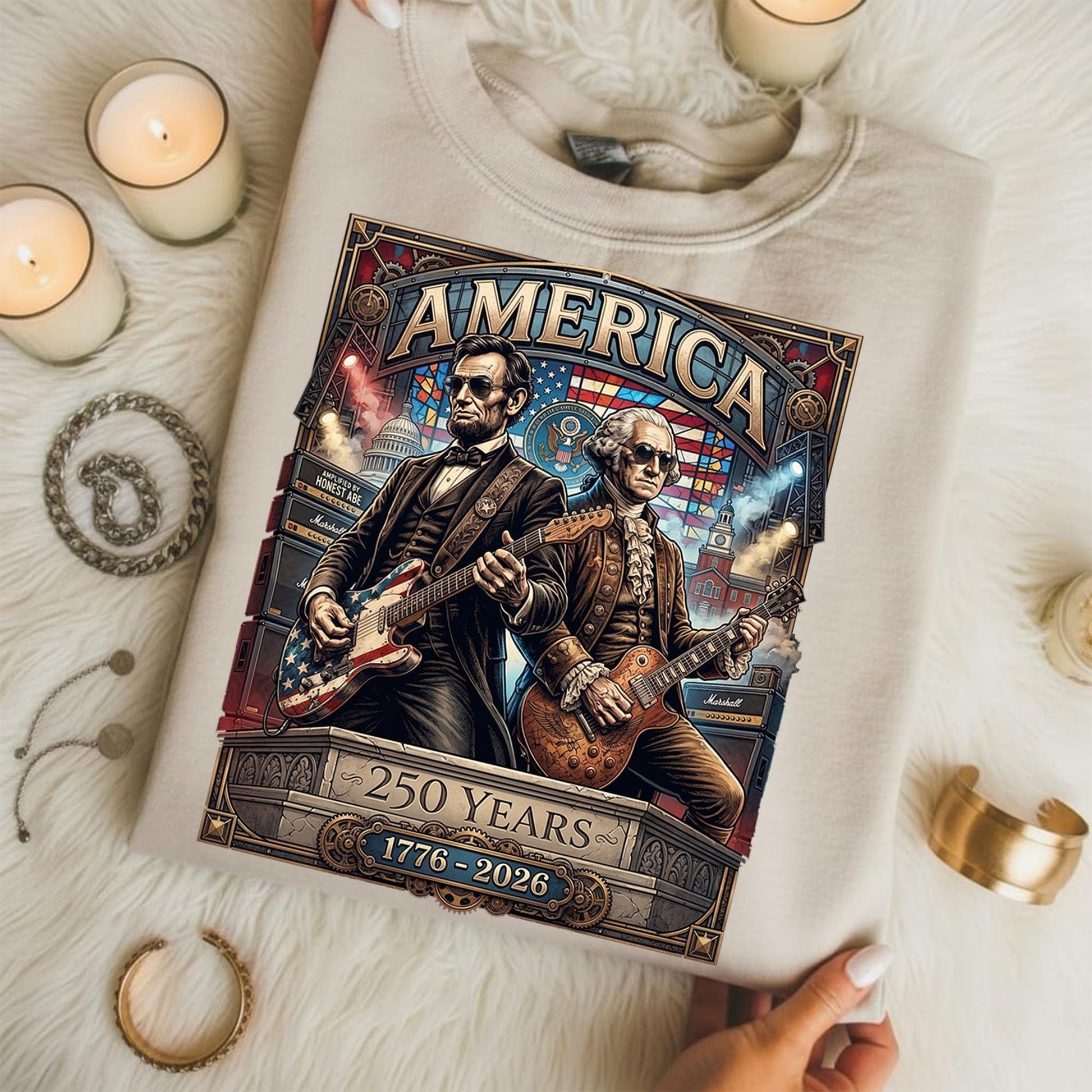 250 Years America Anniversary shirt, George Washington & Lincoln Playing Guitar, Funny 4th of July , Abe Lincoln 250th