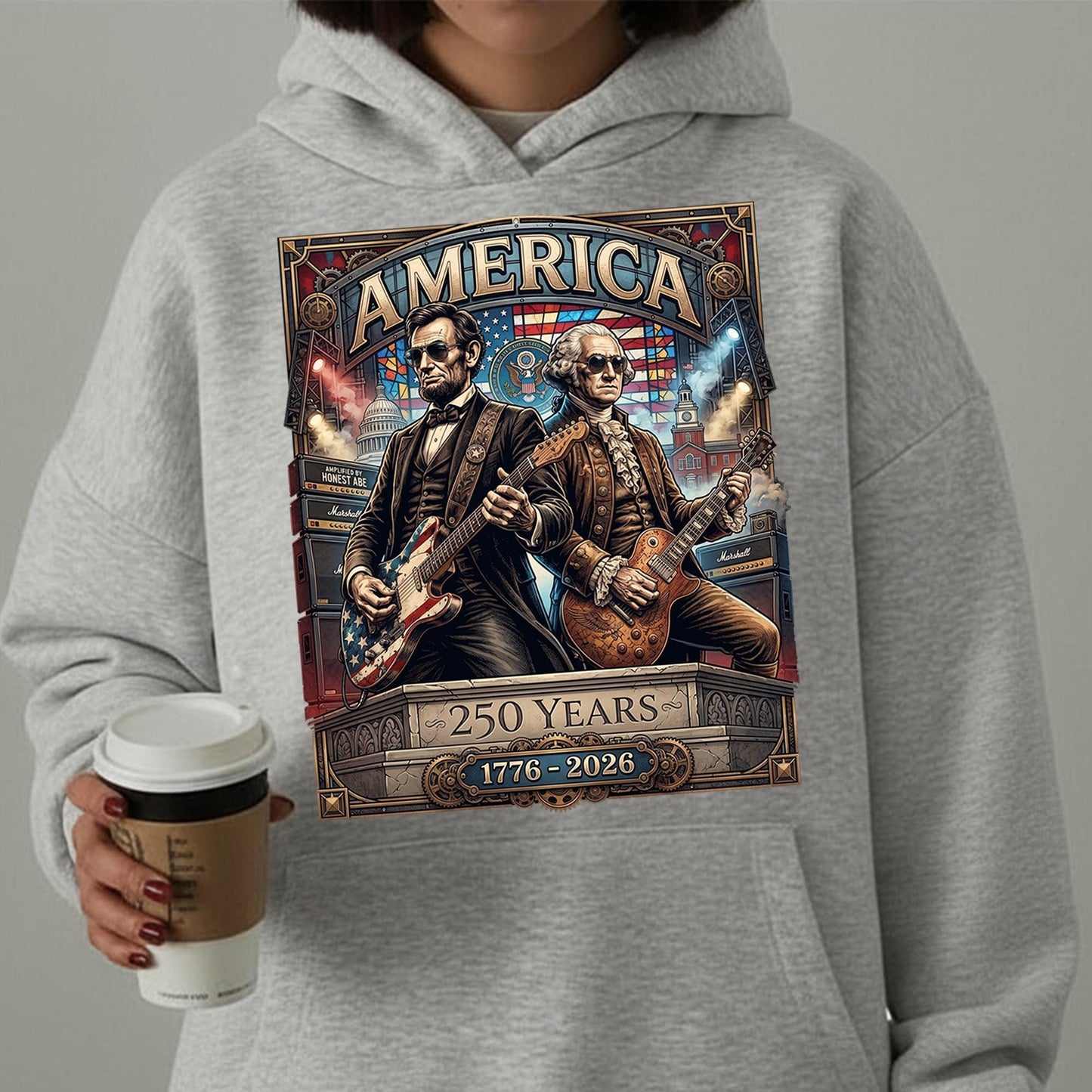 250 Years America Anniversary shirt, George Washington & Lincoln Playing Guitar, Funny 4th of July , Abe Lincoln 250th