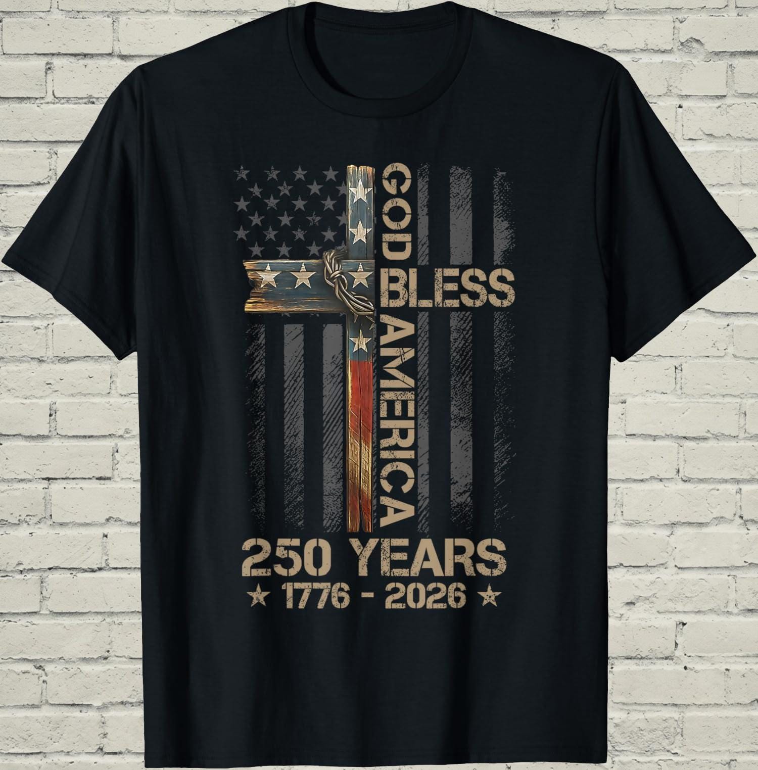 Christian Cross T-Shirt, Patriotic America Flag Shirt, 1776 250th Anniversary Apparel, Religious Faith Gift for Dad, Freedom USA Graphic Tee