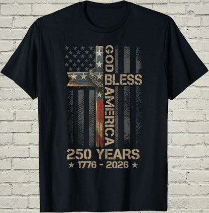 Christian Cross T-Shirt, Patriotic America Flag Shirt, 1776 250th Anniversary Apparel, Religious Faith Gift for Dad, Freedom USA Graphic Tee