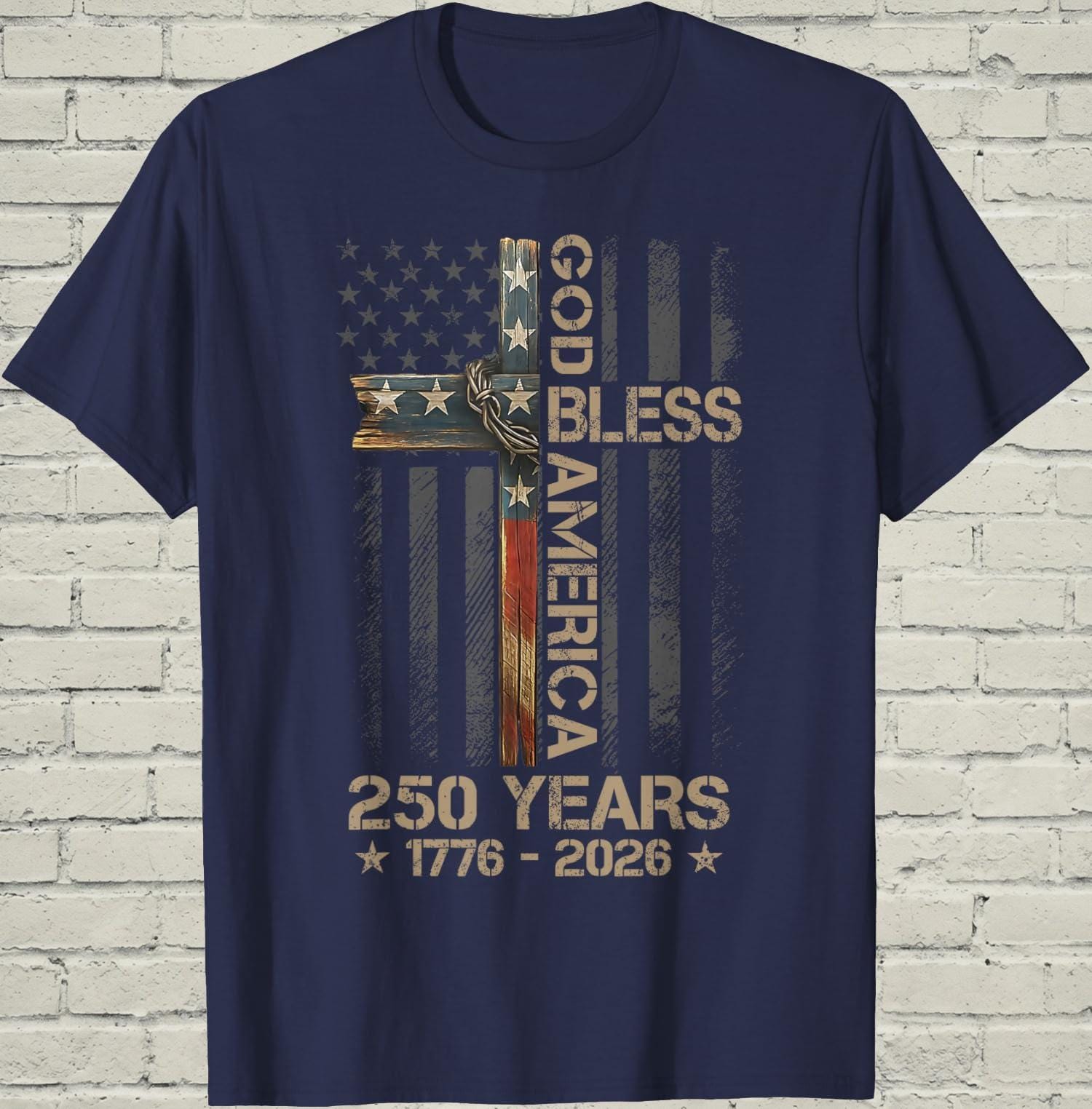Christian Cross T-Shirt, Patriotic America Flag Shirt, 1776 250th Anniversary Apparel, Religious Faith Gift for Dad, Freedom USA Graphic Tee
