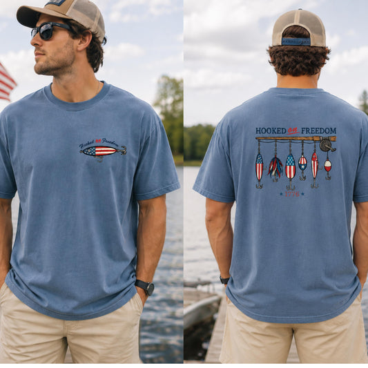 Hooked On Freedom Fishing Shirt, Patriotic Fishing Tee, 4th Of July Fisherman Shirt, USA Bass Fishing Comfort Colors Shirt