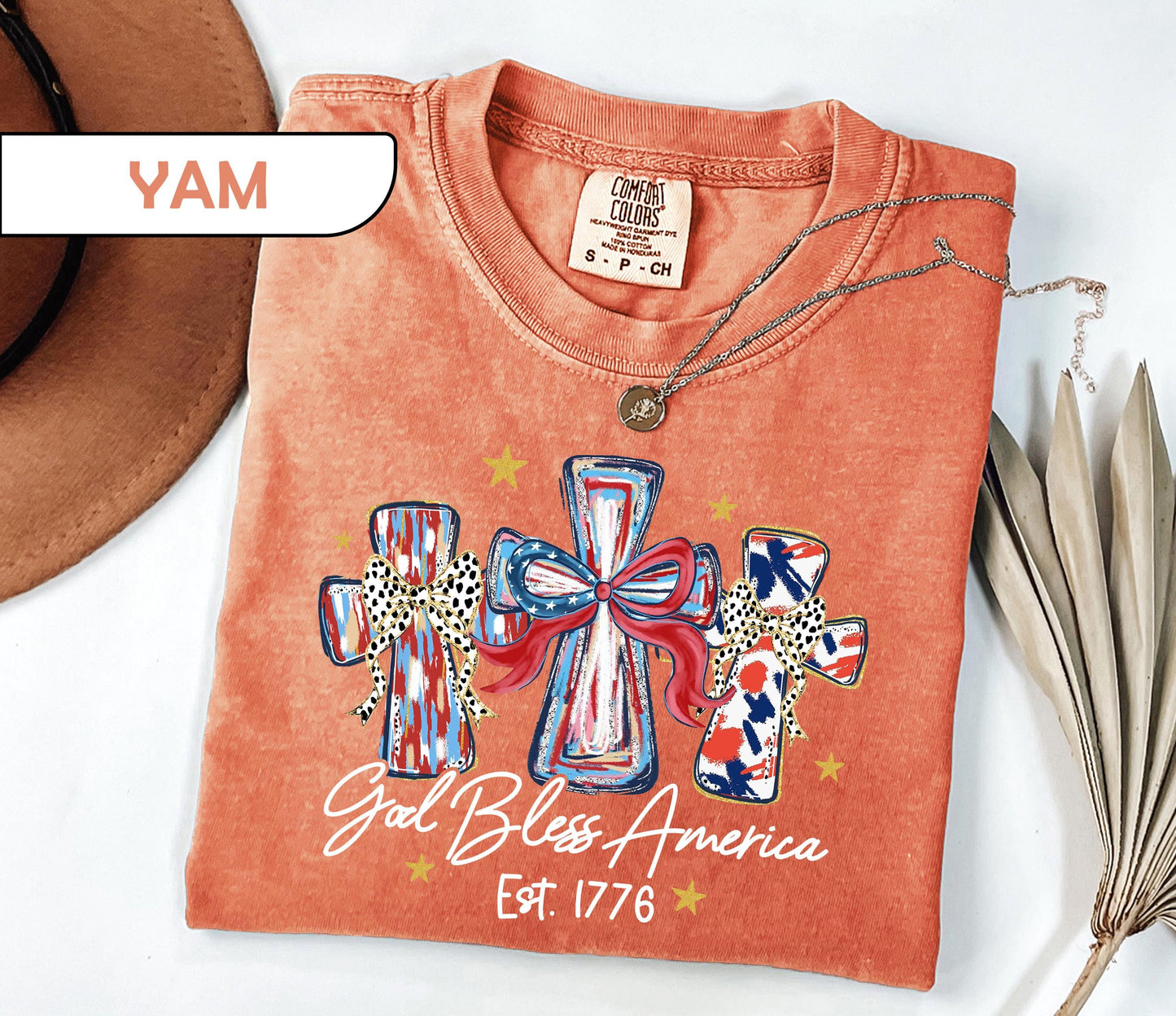 Comfort Colors® Patriotic Christian Shirt, God Bless America 1776 Tee, 4th of July Cross T-Shirt, USA 250th Anniversary, Independence Day