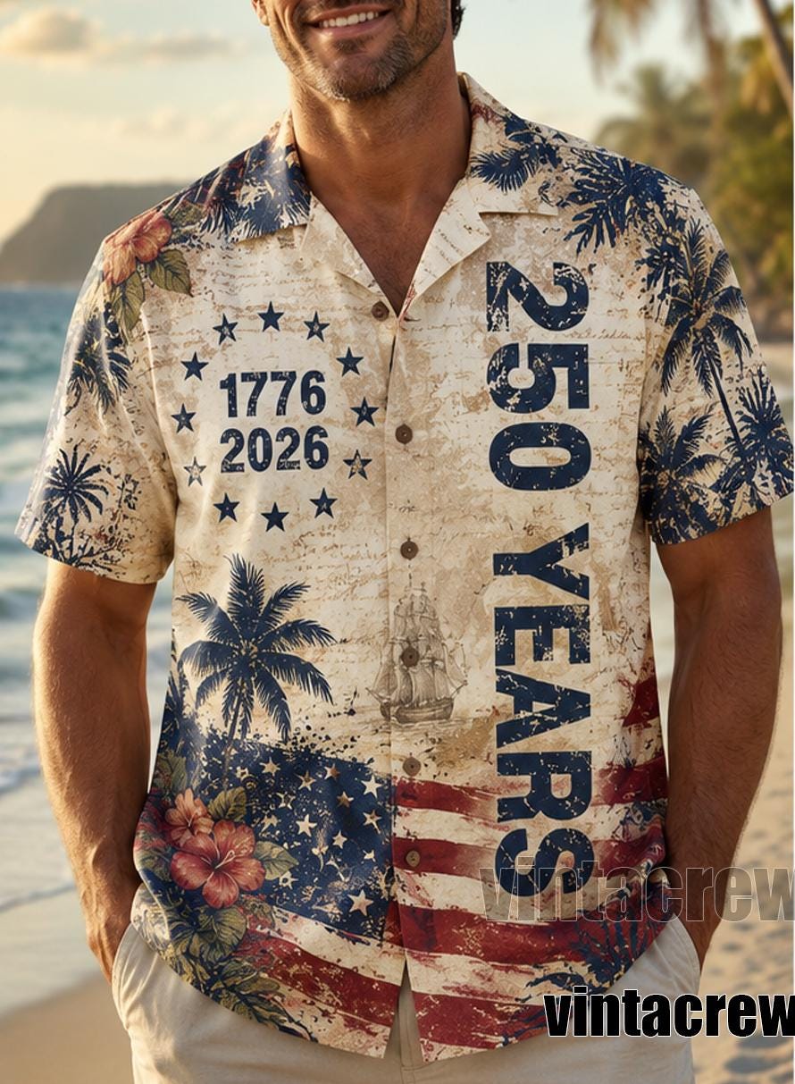 250 Years Vintage US Independence Day Aloha Shirt | Commemorative 1776-2026 Mens July 4th Button Down Tee with Hibiscus & Palm