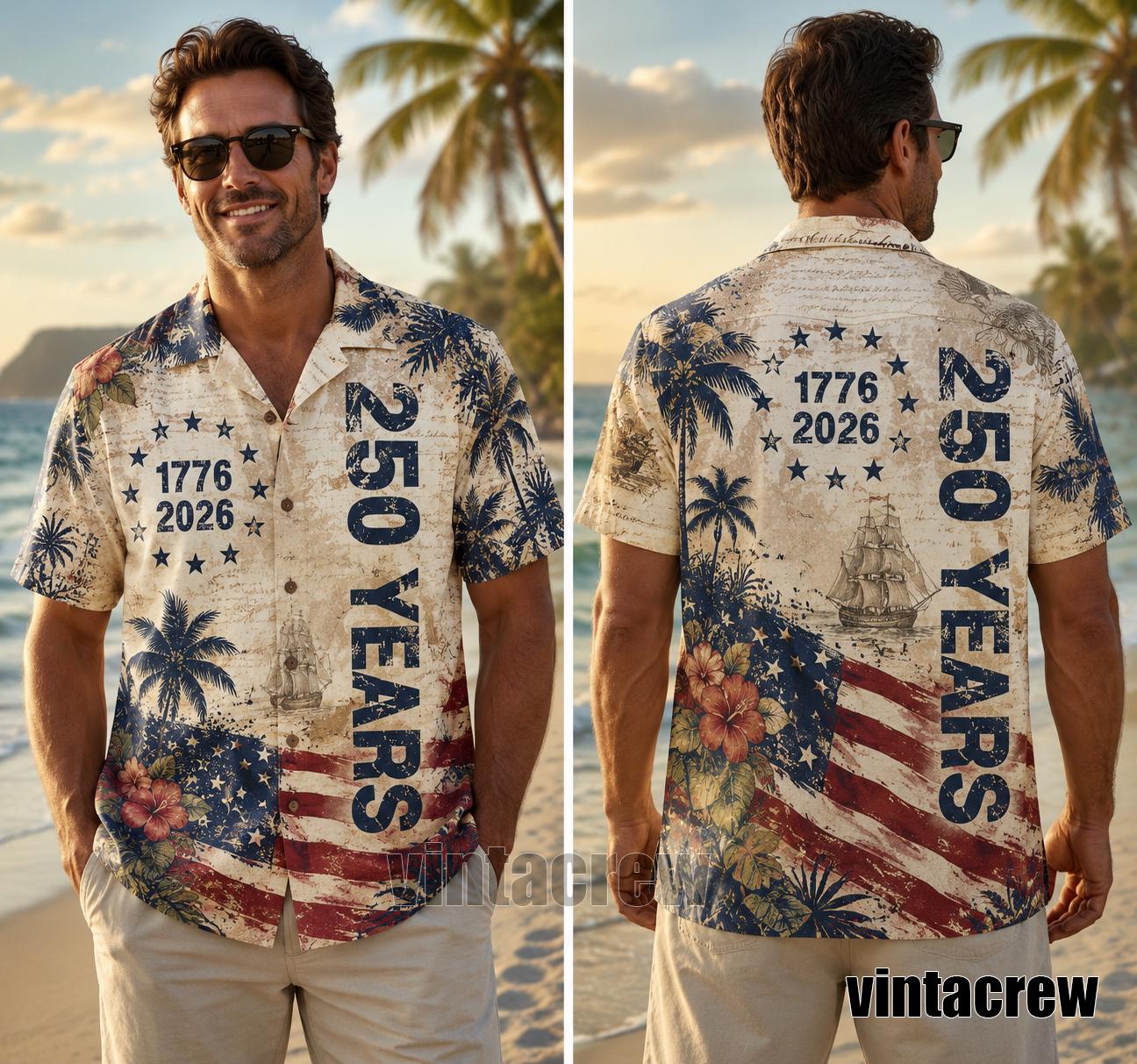250 Years Vintage US Independence Day Aloha Shirt | Commemorative 1776-2026 Mens July 4th Button Down Tee with Hibiscus & Palm