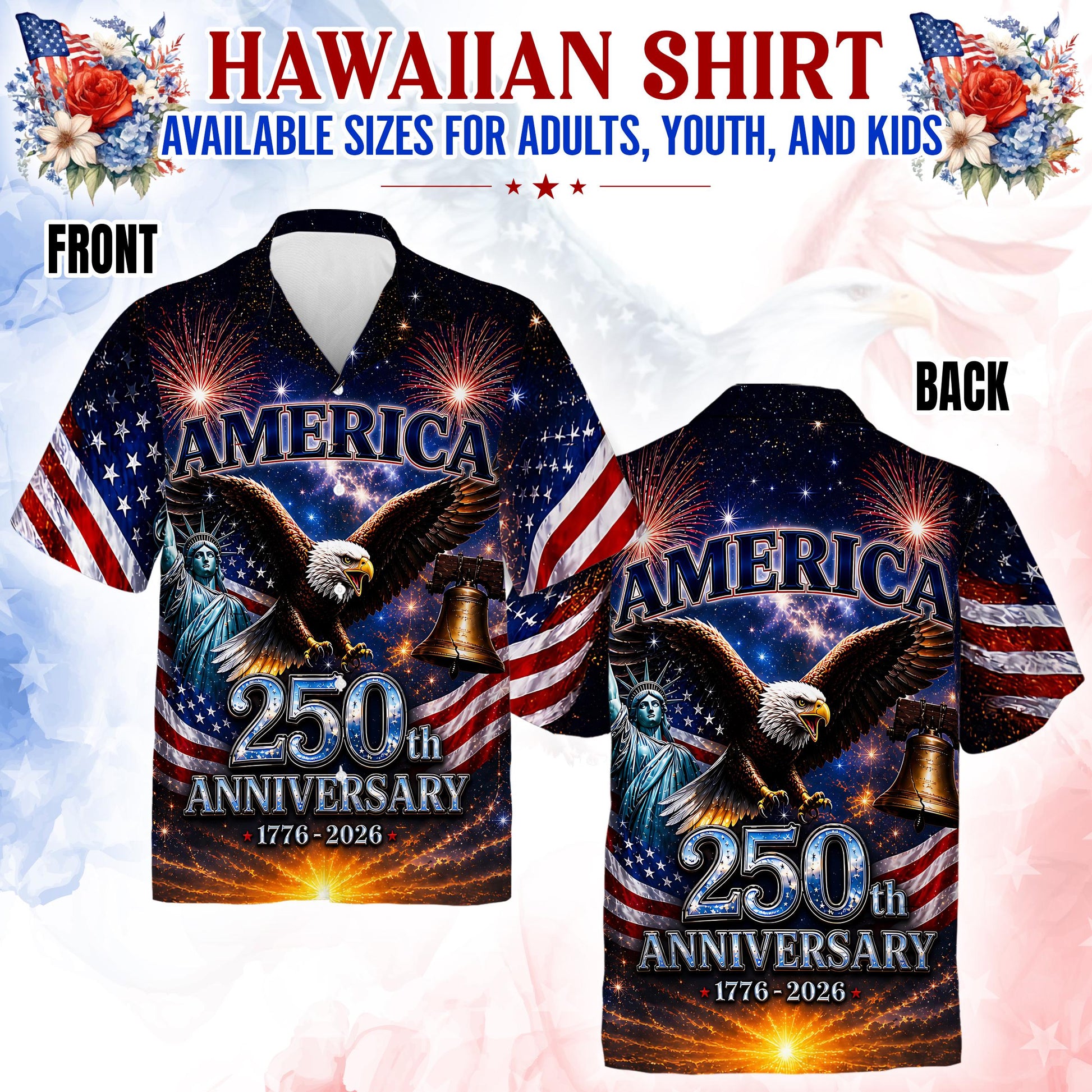 250th Anniversary of America Hawaiian Shirt, Patriotic Eagle Print, 1776-2026 Freedom Style, Independence Day Shirt Gifts for Father's Day