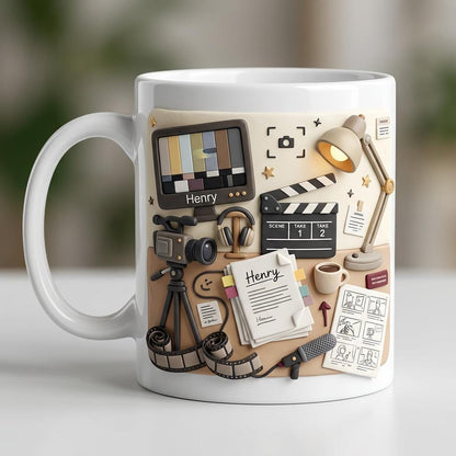 Personalized Filmmaker Ceramic Mug, Director Coffee Cup, Movie Camera Script Design, Cinema Lover Gift for Video Creator