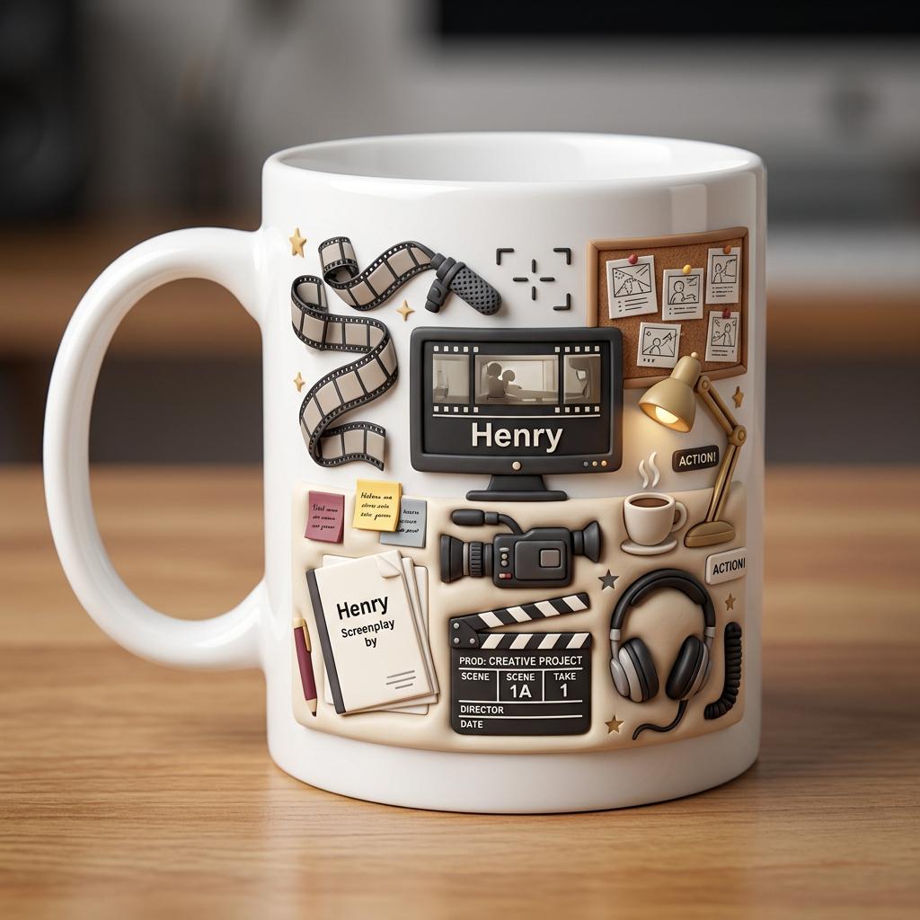 Personalized Filmmaker Ceramic Mug, Director Coffee Cup, Movie Camera Script Design, Cinema Lover Gift for Video Creator