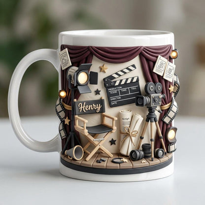 Personalized Filmmaker Ceramic Mug, Director Coffee Cup, Movie Camera Script Design, Cinema Lover Gift for Video Creator
