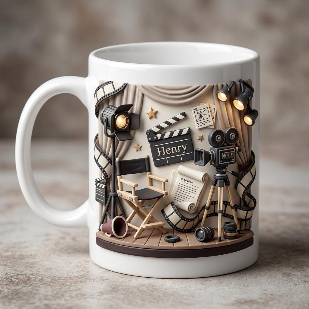 Personalized Filmmaker Ceramic Mug, Director Coffee Cup, Movie Camera Script Design, Cinema Lover Gift for Video Creator