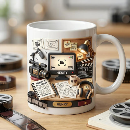 Personalized Filmmaker Ceramic Mug, Director Coffee Cup, Movie Camera Script Design, Cinema Lover Gift for Video Creator
