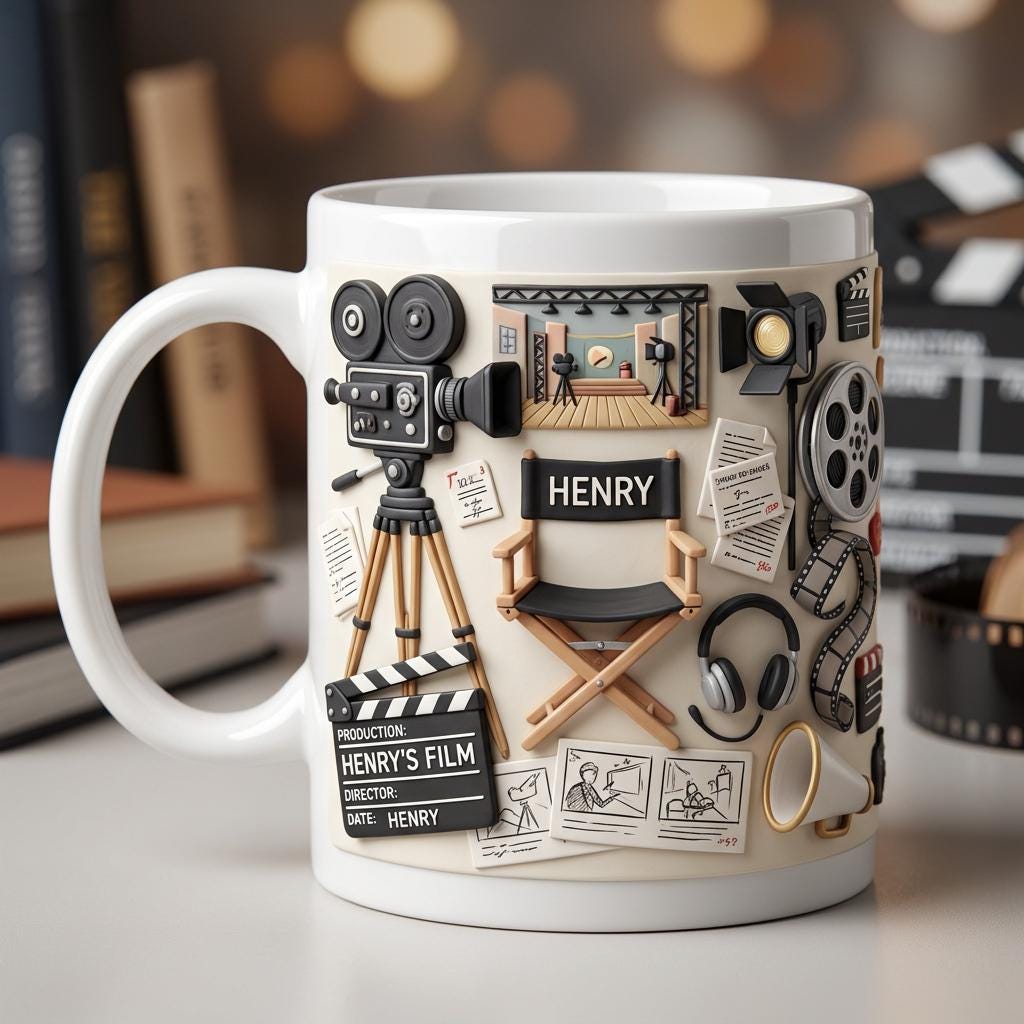 Personalized Filmmaker Ceramic Mug, Director Coffee Cup, Movie Camera Script Design, Cinema Lover Gift for Video Creator