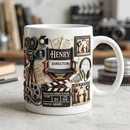 Personalized Filmmaker Ceramic Mug, Director Coffee Cup, Movie Camera Script Design, Cinema Lover Gift for Video Creator