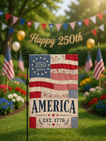 250 Years America Faux Patchwork Garden Flag, Vintage Patriotic Quilt Betsy Ross Flag, Americana Est 1776 Decor