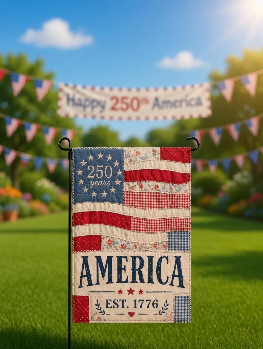 250 Years America Faux Patchwork Garden Flag, Vintage Patriotic Quilt Betsy Ross Flag, Americana Est 1776 Decor