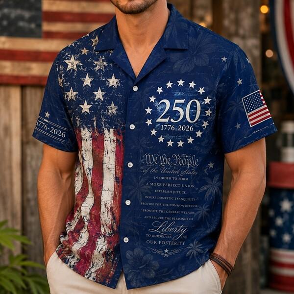 250 Years We The People Hawaiian Shirt 1776-2026, 1776-2026 Patriotic Short Sleeve Button Down Vintage Shirt, United States 250 Years Tee