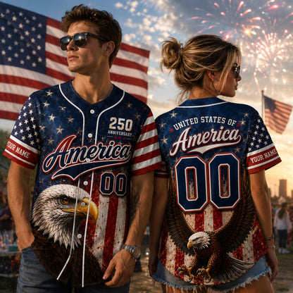 Personalized America Patriotic 250th Anniversary Baseball Jersey Shirt, Vintage American Gift for Him