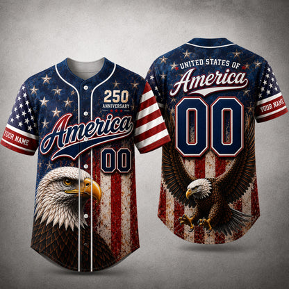 Personalized America Patriotic 250th Anniversary Baseball Jersey Shirt, Vintage American Gift for Him