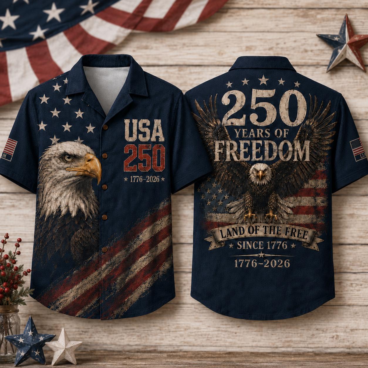 Personalized America 250 Hawaiian Shirt, 1776 2026 Patriotic Eagle Button Down 250 Years of Freedom Aloha Shirt