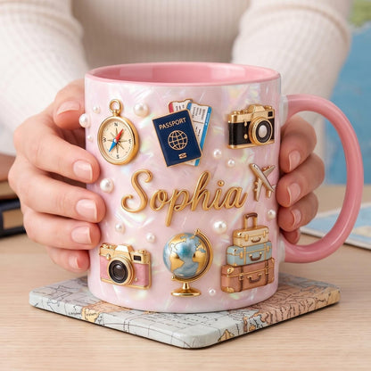 Personalized Travel Mug with Name, Wanderlust Coffee Mug, Traveler Gift for Her, Custom World Map Mug, Vacation Lover Mug