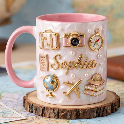 Personalized Travel Mug with Name, Wanderlust Coffee Mug, Traveler Gift for Her, Custom World Map Mug, Vacation Lover Mug
