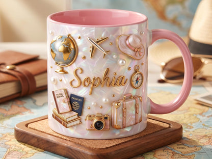 Personalized Travel Mug with Name, Wanderlust Coffee Mug, Traveler Gift for Her, Custom World Map Mug, Vacation Lover Mug