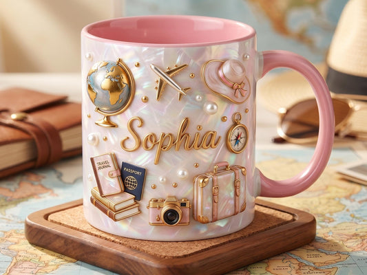 Personalized Travel Mug with Name, Wanderlust Coffee Mug, Traveler Gift for Her, Custom World Map Mug, Vacation Lover Mug