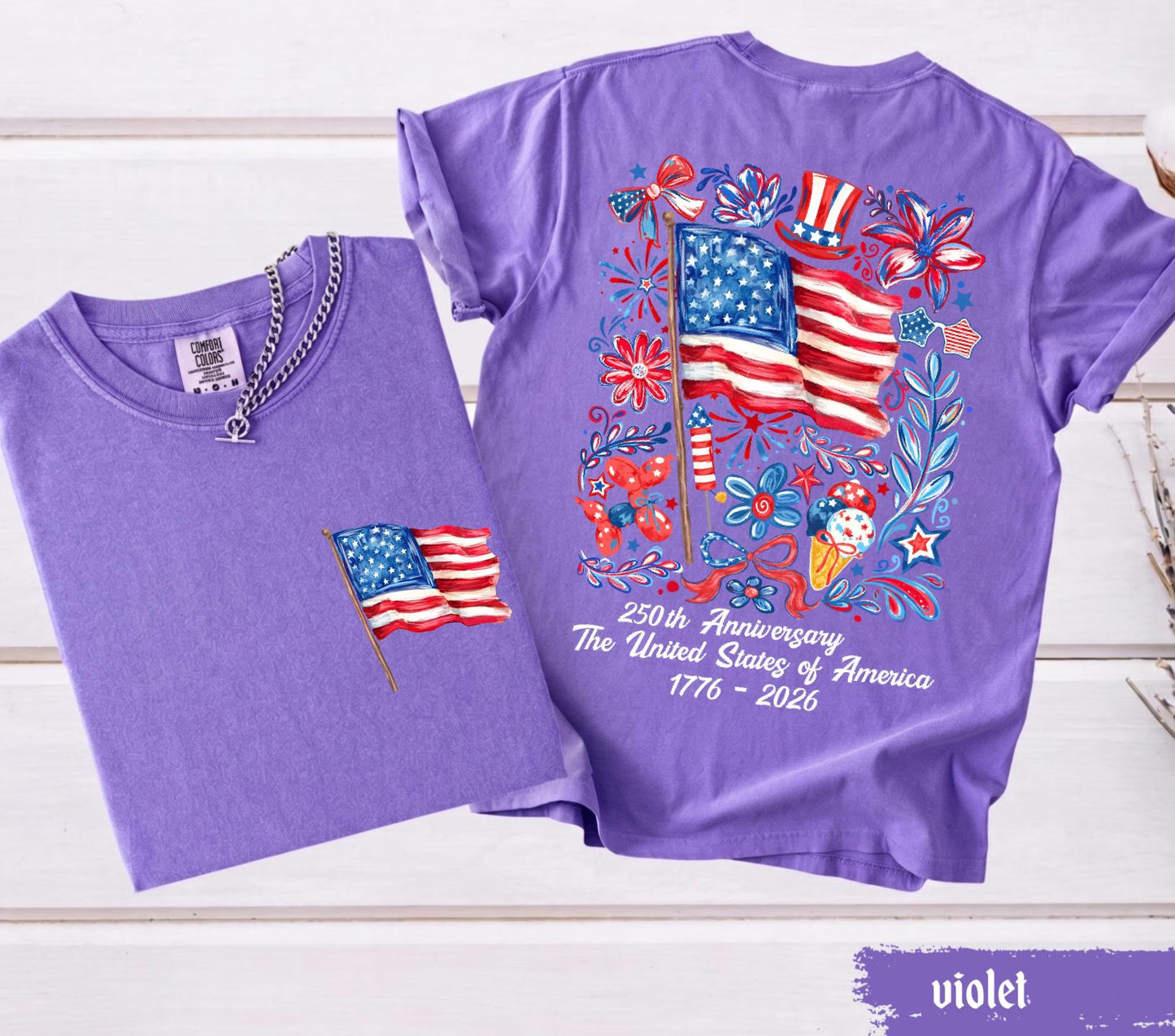 Comfort Colors® USA 250th Anniversary Shirt 4th Of July Back Graphic Tee Independence Day Gif Floral American Flag T-shirt