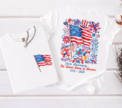 Comfort Colors® USA 250th Anniversary Shirt 4th Of July Back Graphic Tee Independence Day Gif Floral American Flag T-shirt
