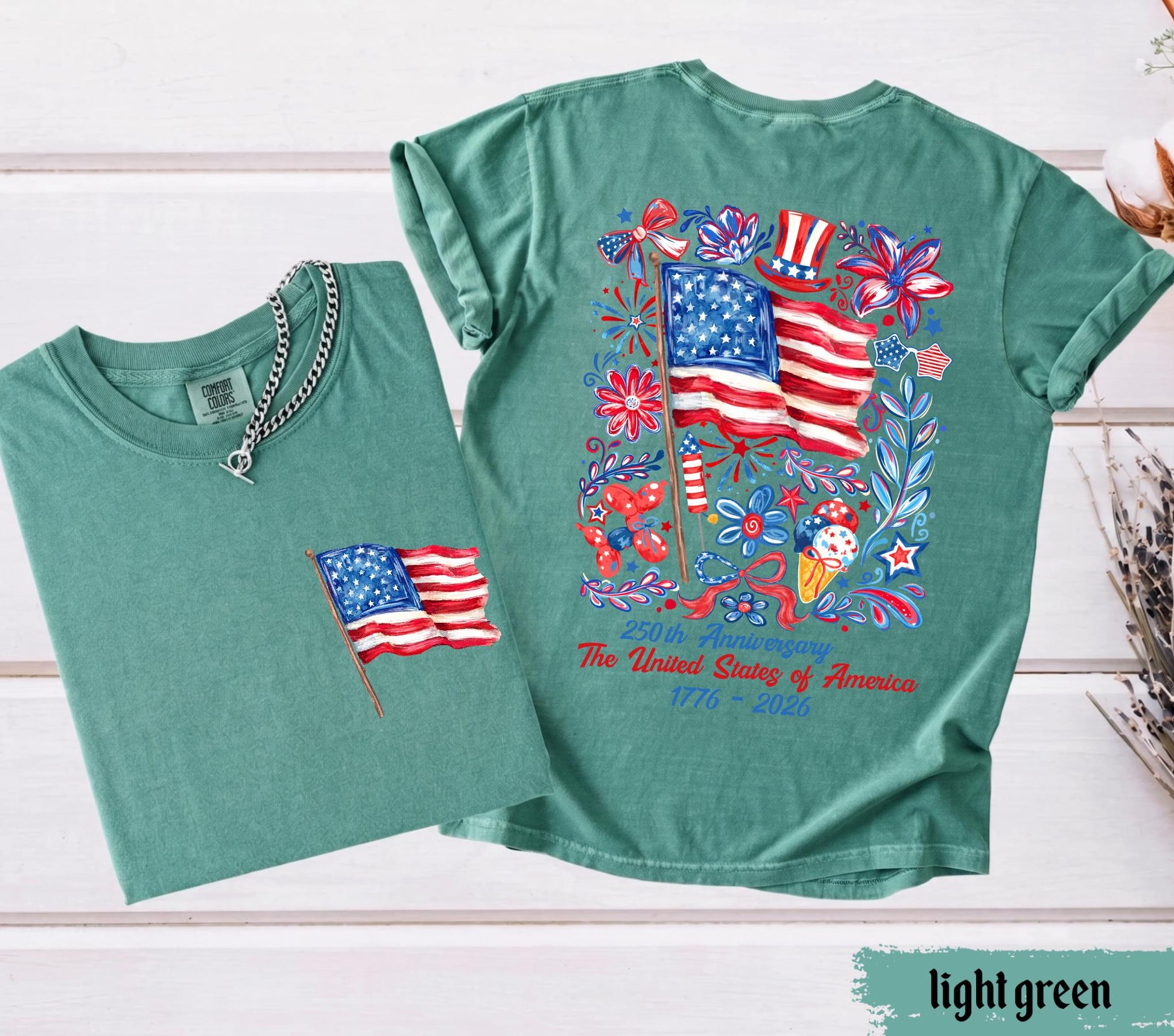 Comfort Colors® USA 250th Anniversary Shirt 4th Of July Back Graphic Tee Independence Day Gif Floral American Flag T-shirt