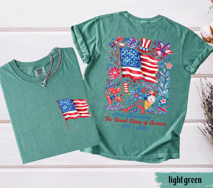 Comfort Colors® USA 250th Anniversary Shirt 4th Of July Back Graphic Tee Independence Day Gif Floral American Flag T-shirt