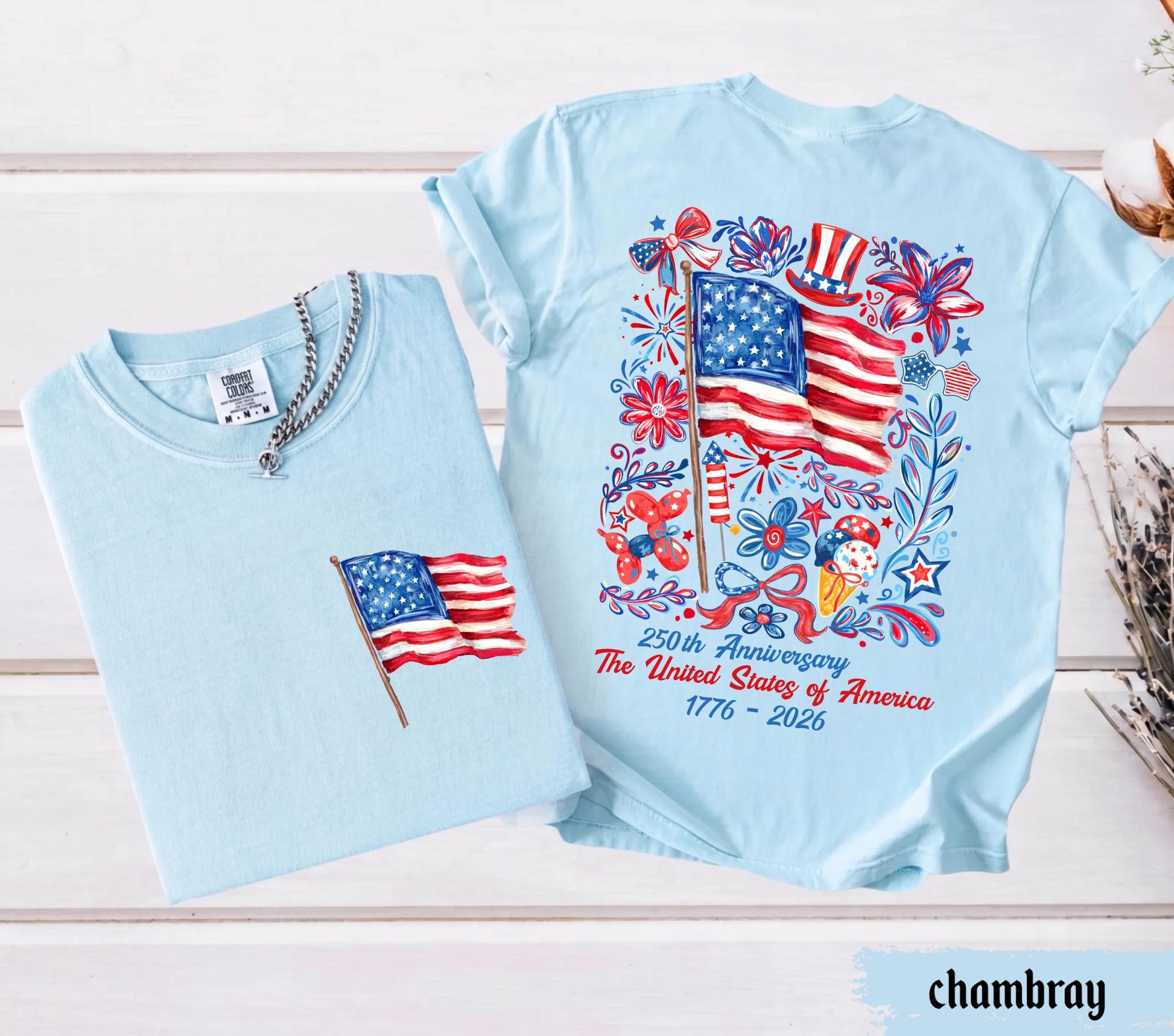 Comfort Colors® USA 250th Anniversary Shirt 4th Of July Back Graphic Tee Independence Day Gif Floral American Flag T-shirt