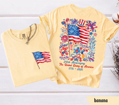 Comfort Colors® USA 250th Anniversary Shirt 4th Of July Back Graphic Tee Independence Day Gif Floral American Flag T-shirt