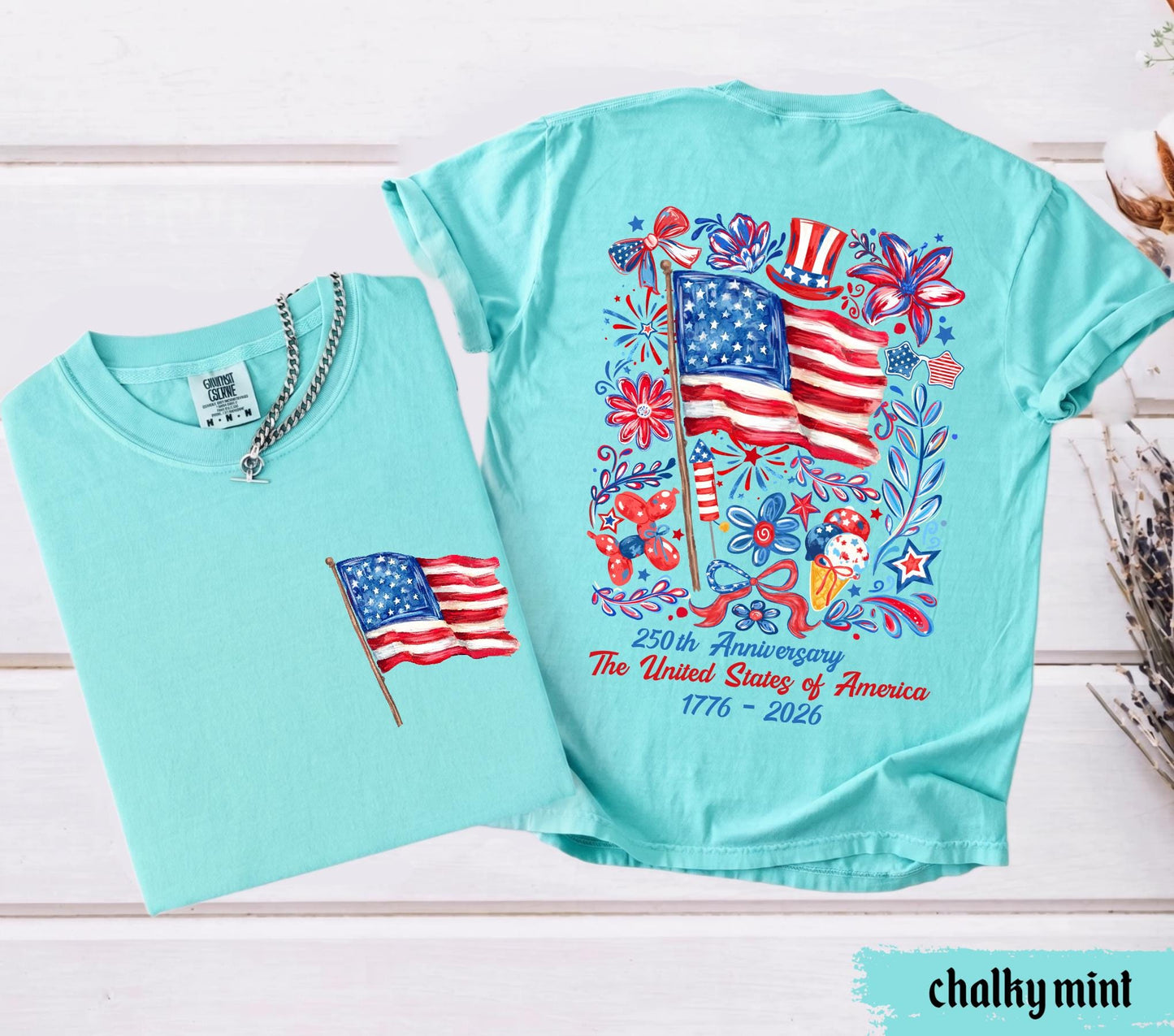 Comfort Colors® USA 250th Anniversary Shirt 4th Of July Back Graphic Tee Independence Day Gif Floral American Flag T-shirt