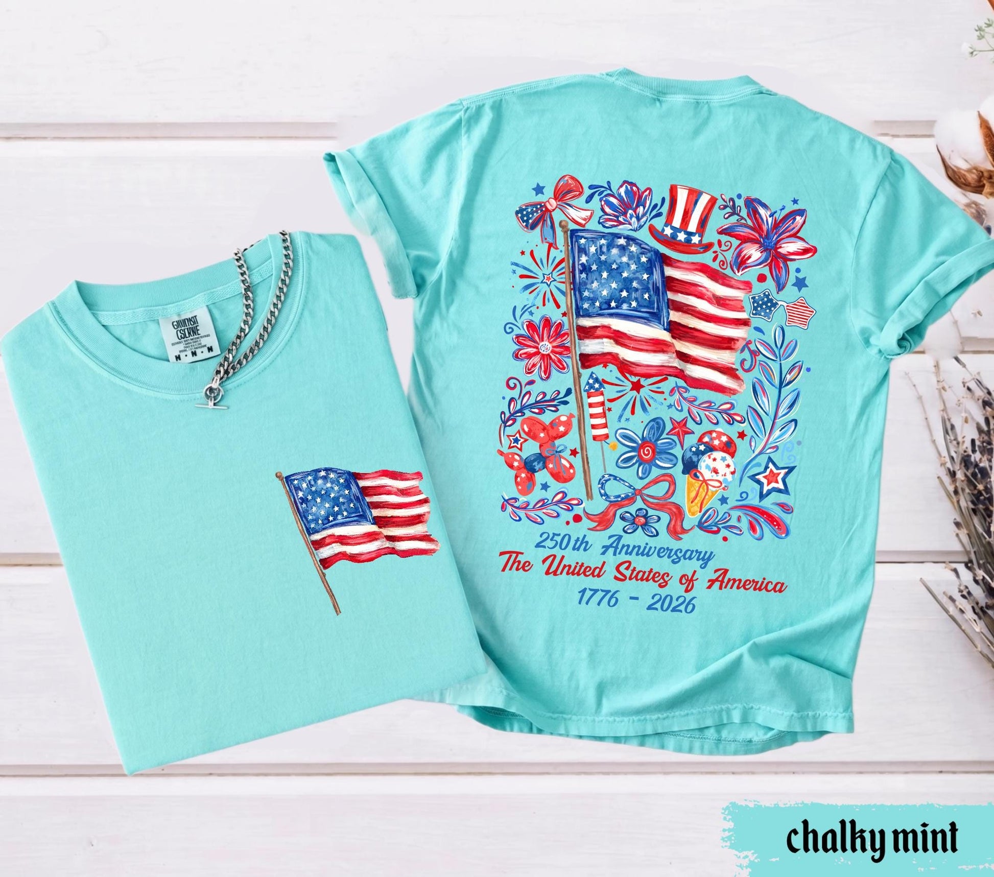 Comfort Colors® USA 250th Anniversary Shirt 4th Of July Back Graphic Tee Independence Day Gif Floral American Flag T-shirt