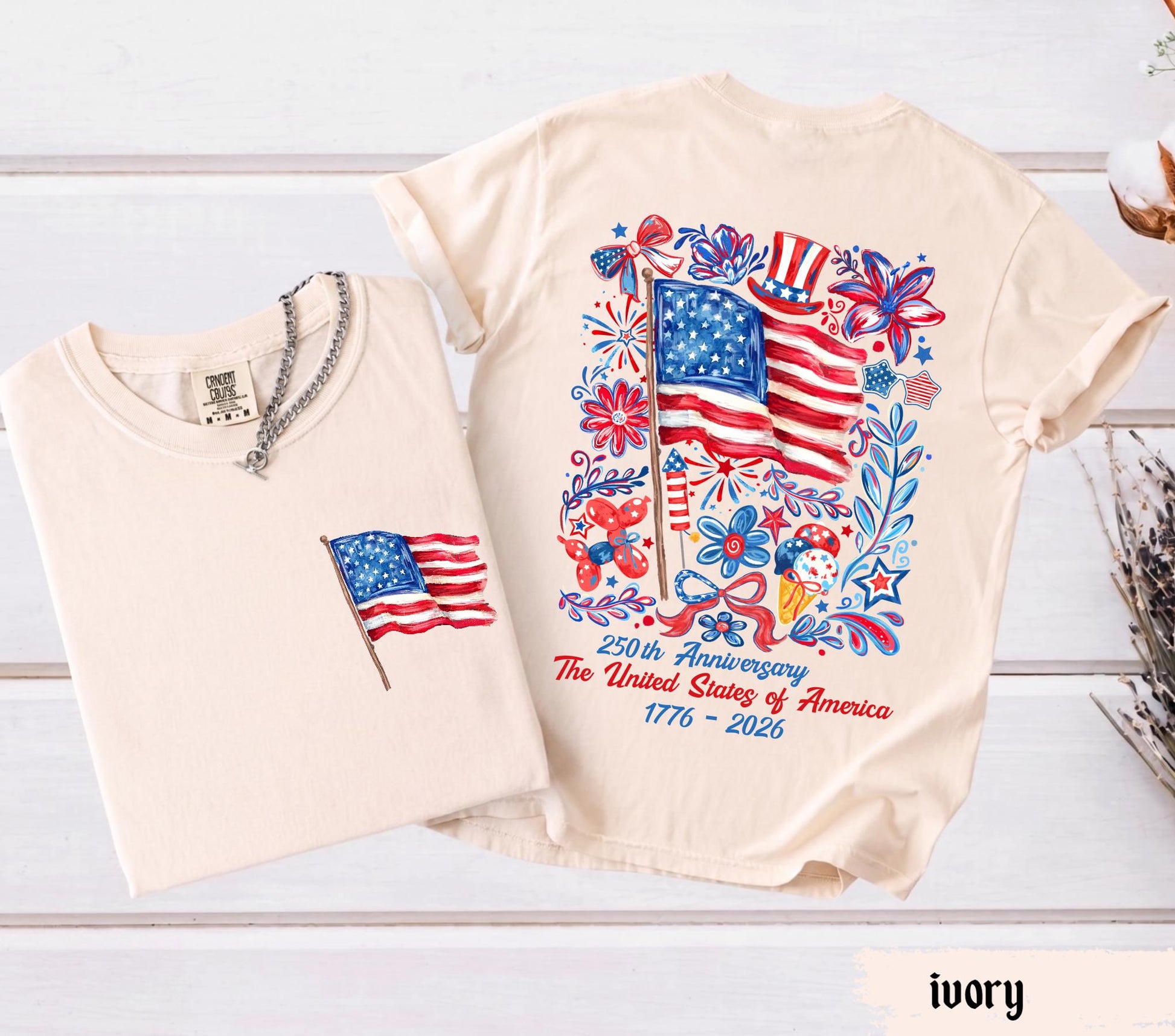 Comfort Colors® USA 250th Anniversary Shirt 4th Of July Back Graphic Tee Independence Day Gif Floral American Flag T-shirt