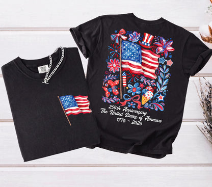 Comfort Colors® USA 250th Anniversary Shirt 4th Of July Back Graphic Tee Independence Day Gif Floral American Flag T-shirt